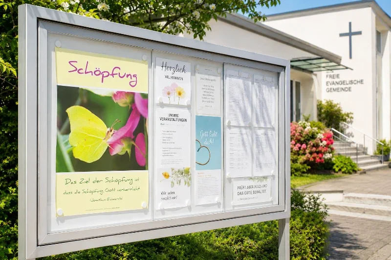 Christliches DIN-A2-Hochformat-Poster „Schöpfung“ mit Zitronenfalter und Zitat von Jonathan Edwards in einem modernen Gemeindeschaukasten vor einer evangelisch-freikirchlichen Gemeinde in Deutschland.