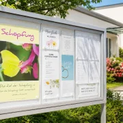 Christliches DIN-A2-Hochformat-Poster „Schöpfung“ mit Zitronenfalter und Zitat von Jonathan Edwards in einem modernen Gemeindeschaukasten vor einer evangelisch-freikirchlichen Gemeinde in Deutschland.