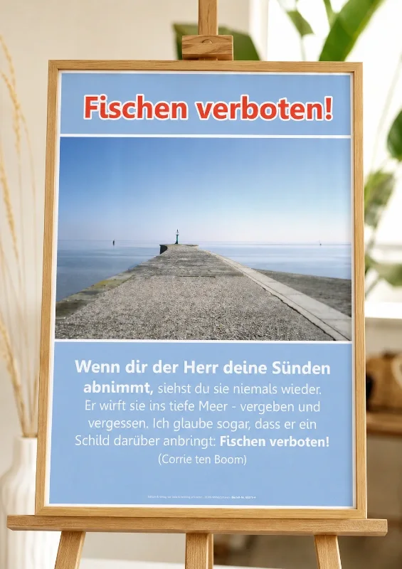 Christliches Hochformat-Poster mit dem Zitat von Corrie ten Boom über Vergebung und dem Schild-Motiv Fischen verboten am Meer.
