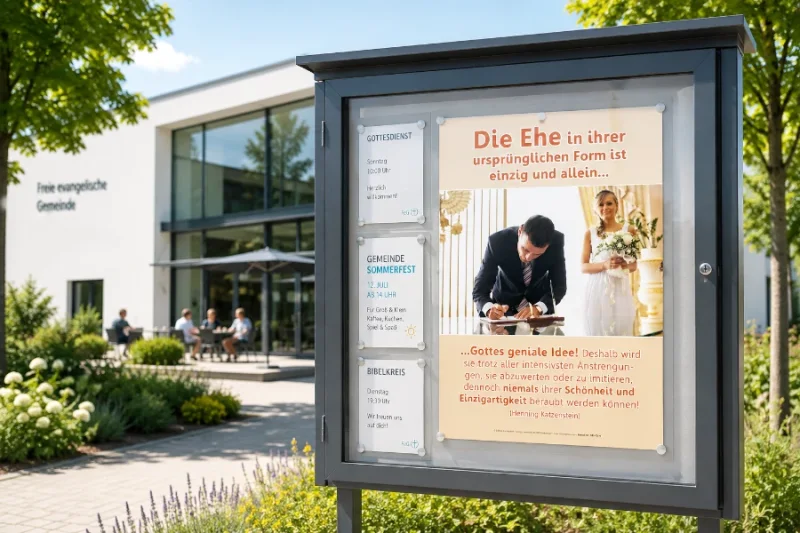 Modernes christliches Ehe-Poster im Schaukasten einer Freien Evangelischen Gemeinde. Das DIN A2 Poster über die biblische Ehe wird zusammen mit Gemeindeinformationen in einem hochwertigen Außenschaukasten präsentiert.