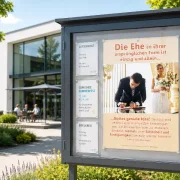 Modernes christliches Ehe-Poster im Schaukasten einer Freien Evangelischen Gemeinde. Das DIN A2 Poster über die biblische Ehe wird zusammen mit Gemeindeinformationen in einem hochwertigen Außenschaukasten präsentiert.