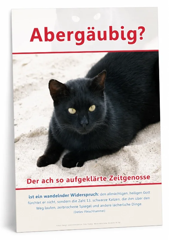Christliches Poster A2 „Abergläubig?“ – Schwarze Katze | Edition Katzenstein Freigestelltes Produktfoto des christlichen Posters „Abergläubig?“ im DIN-A2-Hochformat von Edition Katzenstein mit einer schwarzen Katze und einer christlichen Botschaft gegen Aberglauben.
