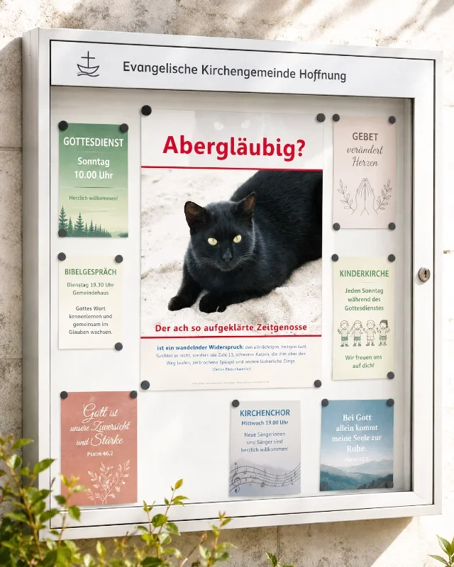 Christliches Poster „Abergläubig?“ im Gemeindeschaukasten | Edition Katzenstein Moderner Gemeindeschaukasten mit dem christlichen Poster „Abergläubig?“ von Edition Katzenstein, umgeben von stilvoll gestalteten Gemeindeinformationen und Veranstaltungshinweisen.