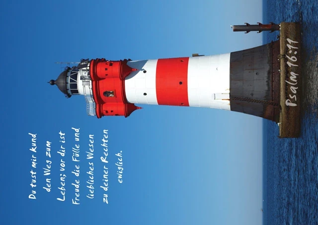 Hochformat Poster DIN A2 mit Leuchtturm Roter Sand I im Sonnenlicht, kombiniert mit Psalm 16,11