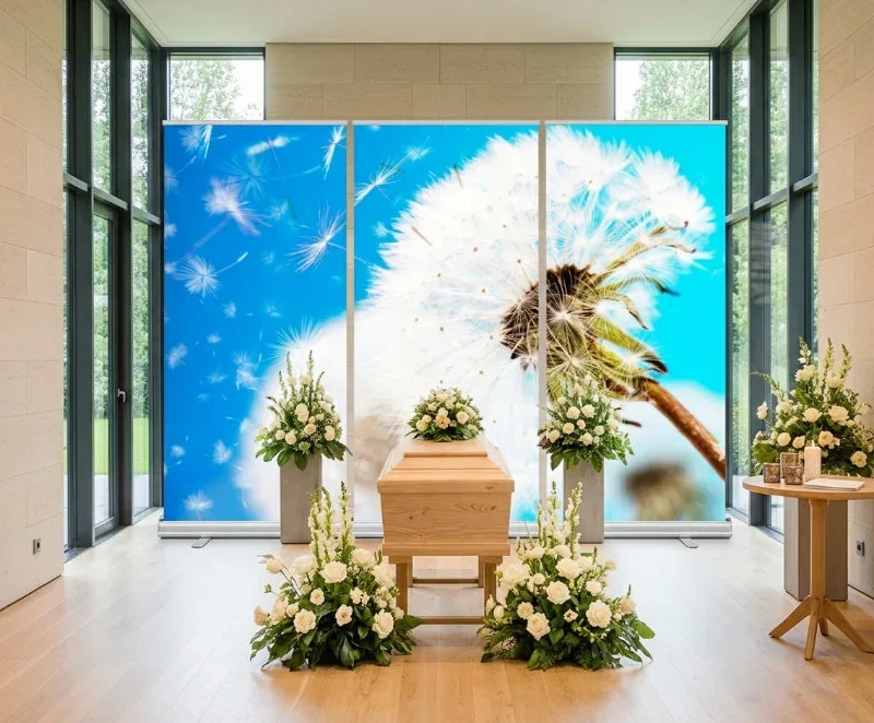 Dekoration einer modernen Trauerhalle mit Roll-Up-Set Pusteblume-Bestatterbedarf Infinity