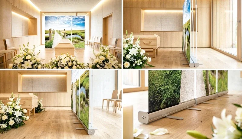 Ein dreiteiliges Roll-up-Set bildet in einer modern gestalteten Trauerhalle einen ruhigen Hintergrund für Sarg, Blumen und Kerzen.