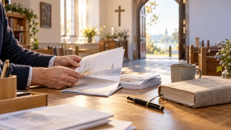 Hände blättern in einem Gemeindebrief auf einem Schreibtisch im lichtdurchfluteten Kirchenraum.