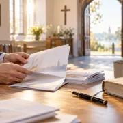 Hände blättern in einem Gemeindebrief auf einem Schreibtisch im lichtdurchfluteten Kirchenraum.