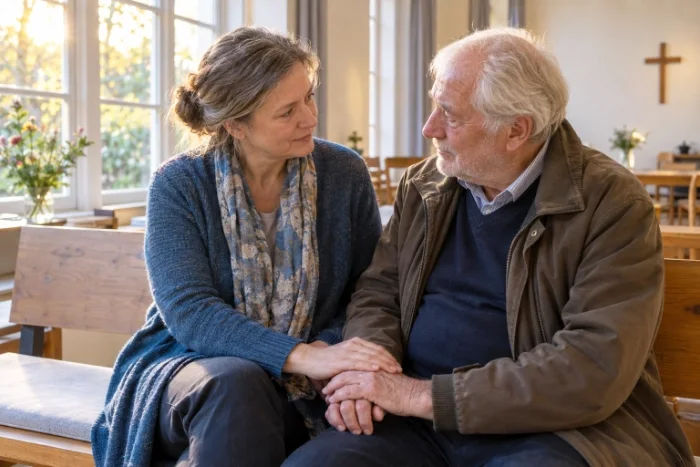 Eine Frau hört einem älteren Mann im Gemeinderaum aufmerksam zu und hält seine Hand. - Jahreslosung 2027