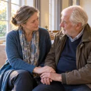 Eine Frau hört einem älteren Mann im Gemeinderaum aufmerksam zu und hält seine Hand. - Jahreslosung 2027