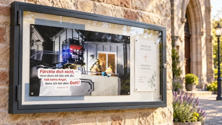 Verglaster Kirchenschaukasten mit Jahreslosungs-Poster zum Feuerwehrmotiv und einer Einladung zum Gottesdienst.