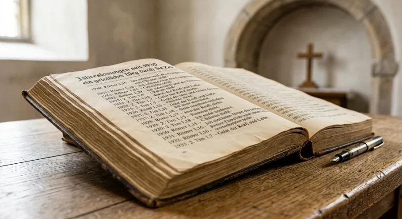 Ein aufgeschlagenes, historisches Buch auf einem alten Holztisch mit einer Chronik der Jahreslosungen seit 1930, im Hintergrund ein dezentes Holzkreuz.