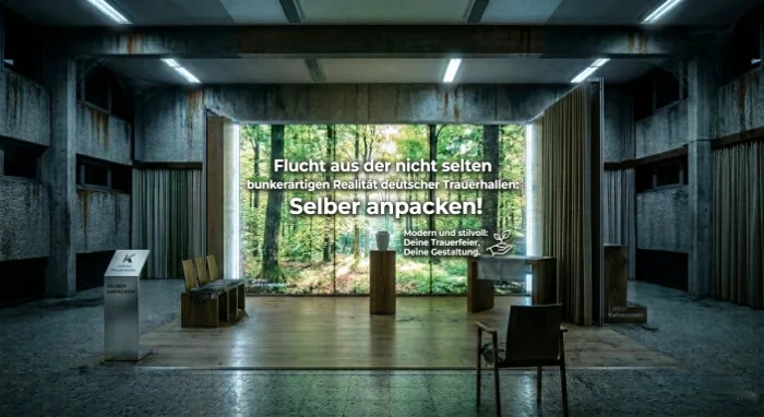 Moderne, mobile Pop-up Kapelle mit beleuchteter Wald-Textilwand als kontrastreicher Einbau in einer düsteren, bunkerartigen deutschen Trauerhalle aus Beton.