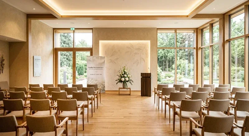 Innenaufnahme einer modernisierten deutschen Trauerhalle mit heller, freundlicher Architektur, warmen Holztönen, indirekter Beleuchtung und dezenter floraler Dekoration.