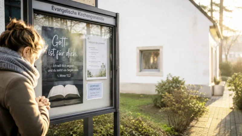 Betende Person vor einem Gemeindeschaukasten vor einer Kirche – Gebet als Grundlage einer segensreichen Schaukastengestaltung.