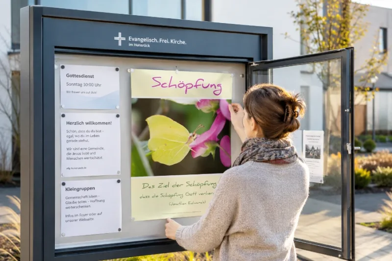 Ehrenamtliche Mitarbeiterin gestaltet einen Gemeindeschaukasten und hängt ein christliches Schaukastenposter in einer evangelischen Freikirche auf.