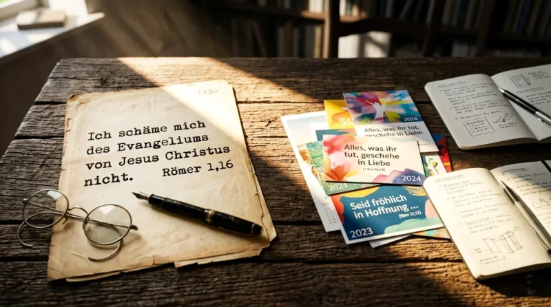 Eine filmische Collage auf einem dunklen Holztisch. Links ein vergilbtes Dokument von 1930 mit der Jahreslosung Römer 1,16 in Schreibmaschinenschrift, einer antiken Brille und Füller. Ein Sonnenstrahl führt nach rechts zu modernen, bunten Postkarten der Jahreslosungen 2023 und 2024 sowie einem Notizbuch.
