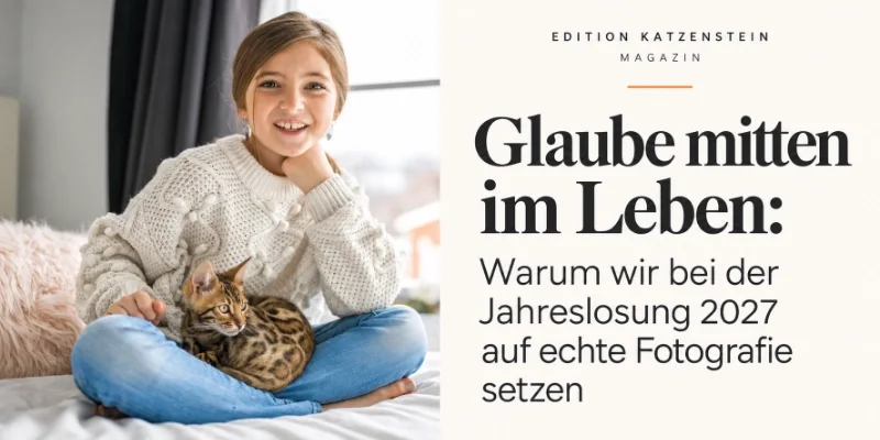 Magazinmotiv von Edition Katzenstein: Ein lächelndes Mädchen mit einer Katze am Fenster ergänzt die typografisch gestaltete Textkachel zum Beitrag „Glaube mitten im Leben“. Der Artikel erläutert, warum Edition Katzenstein bei der Jahreslosung 2027 auf echte Fotografie setzt.