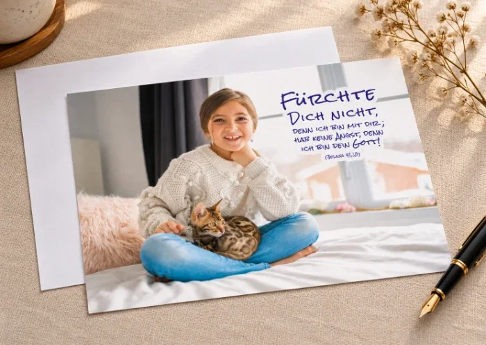 DIN-A4-Poster zur Jahreslosung 2027 mit Mädchen und Katze auf einem hellen Leinentisch