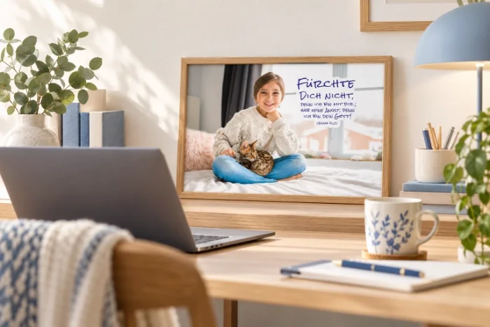 Kleinformatiges Poster zur Jahreslosung 2027 mit Mädchen und Katze im Holzrahmen über einem Schreibtisch