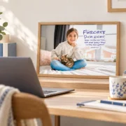 Kleinformatiges Poster zur Jahreslosung 2027 mit Mädchen und Katze im Holzrahmen über einem Schreibtisch