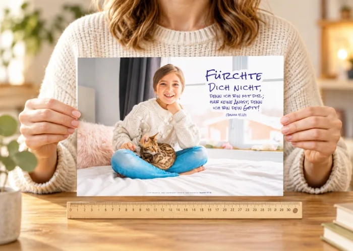 Frau hält das DIN-A4-Poster zur Jahreslosung 2027 mit Mädchen und Katze vor sich