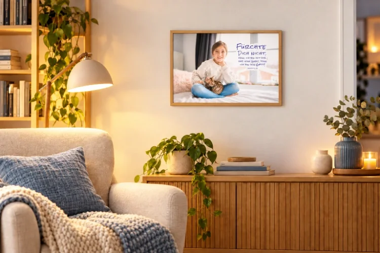 Gerahmtes DIN-A2-Poster mit Mädchen, Katze und Jesaja 41,10 über einer Anrichte in einer modernen Leseecke