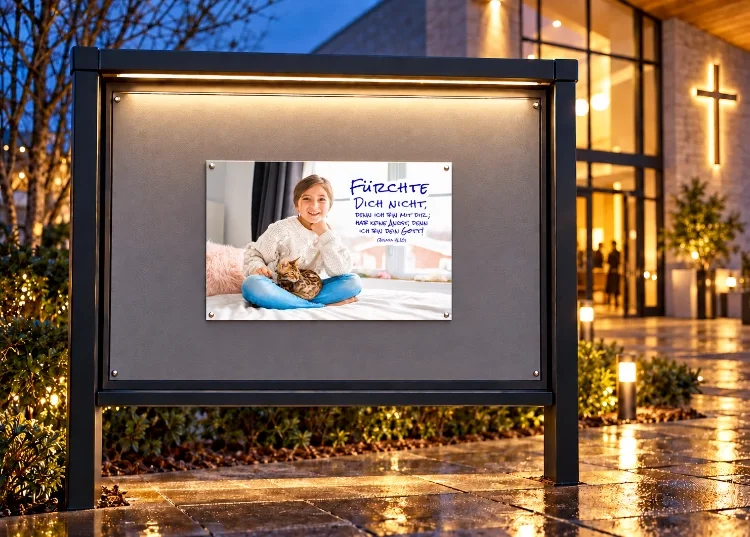 A2-Poster zur Jahreslosung 2027 mit Mädchen und Katze in einem beleuchteten Schaukasten vor einer Gemeinde