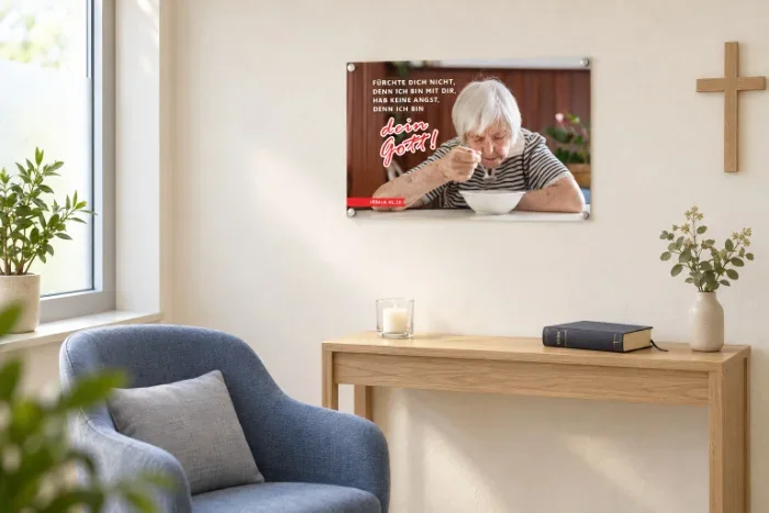 DIN-A3-Poster zur Jahreslosung 2027 in einem modernen christlichen Andachts- und Seelsorgeraum