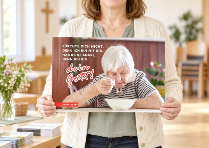 DIN-A3-Poster zur Jahreslosung 2027 auf einem christlichen Büchertisch neben Bibel und Postkarten