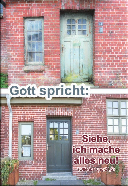 Kühlschrankmagnet zur Jahreslosung 2026 mit dem Motiv einer verwitterten und neu gestrichenen Haustür – Sinnbild für Erneuerung nach Offenbarung 21,5: „Gott spricht: Siehe, ich mache alles neu!“