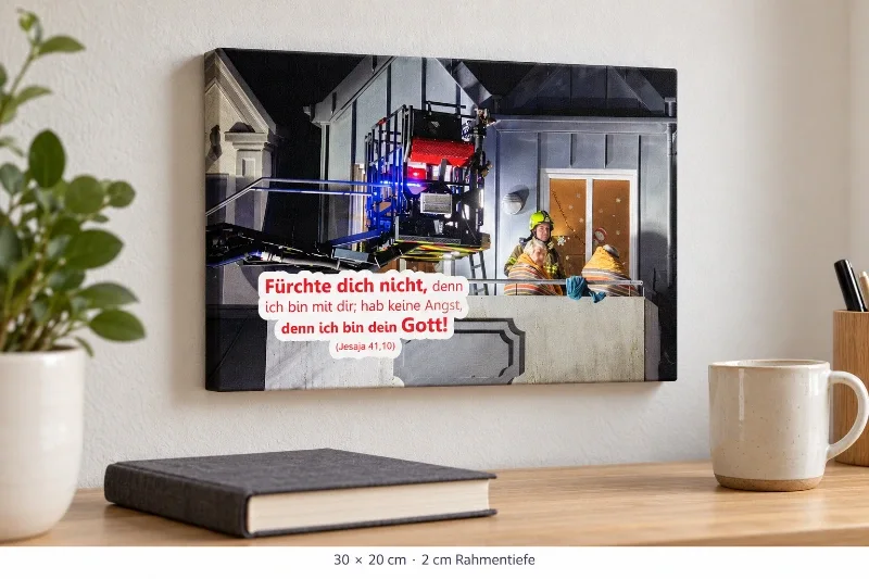 Leinwandbild zur Jahreslosung 2027 mit Feuerwehrmotiv in 30 × 20 cm über einem Schreibtisch, mit 2 cm Rahmentiefe.