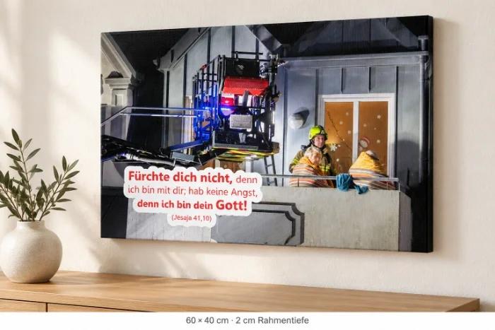 Leinwandbild zur Jahreslosung 2027 mit Feuerwehrmotiv in 60 × 40 cm über einer Holzkonsole, seitlich mit sichtbarer Leinwandkante.