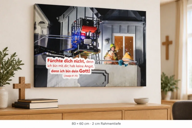 Leinwandbild Jahreslosung 2027 mit Feuerwehrmann und älterem Ehepaar in 80 × 60 cm über einem Sideboard mit Holzkreuz und Büchern.