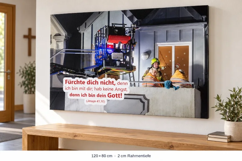 Großes Leinwandbild zur Jahreslosung 2027 mit Feuerwehrmotiv in 120 × 80 cm über einer Holzbank im hellen Kirchenfoyer.