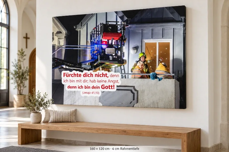 XXL-Leinwandbild zur Jahreslosung 2027 mit Feuerwehrmotiv in 160 × 120 cm und 4 cm Rahmentiefe über einer Holzbank in kirchlichem Ambiente.