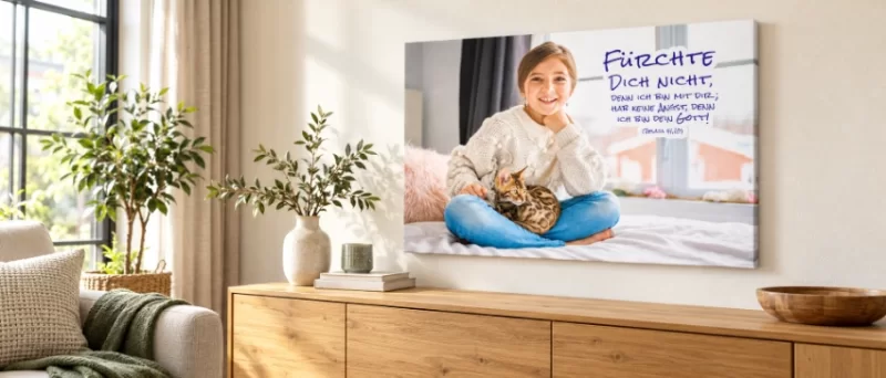 Leinwandbild Jahreslosung 2027: Mädchen mit Katze am Fenster