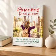 Kleines Leinwandbild mit Vater-Sohn-Motiv und Jesaja 41,10, auf einer Holzkonsole zwischen einem Buch und einer Vase.