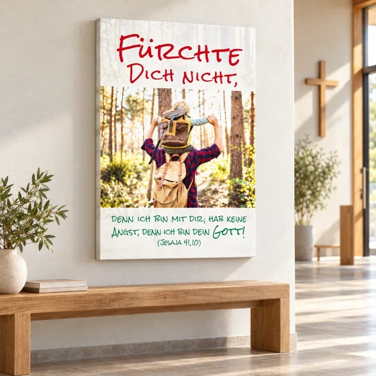Leinwandbild Jahreslosung 2027 mit Vater und Sohn über einer Holzbank im hellen Kirchenfoyer, seitlich ein Holzkreuz.