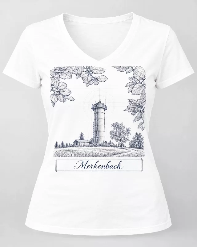 Weißes Damen-T-Shirt mit dunkelblauer Federzeichnung des Merkenbacher Wasserturms, dekorativen Blättern und Schriftzug Merkenbach
