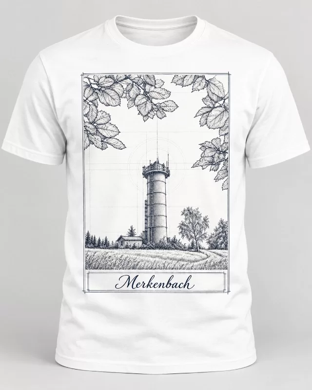 Weißes Herren-T-Shirt mit dunkelblauer Vintage-Illustration des Merkenbacher Wasserturms, Blattwerk und Schriftzug Merkenbach
