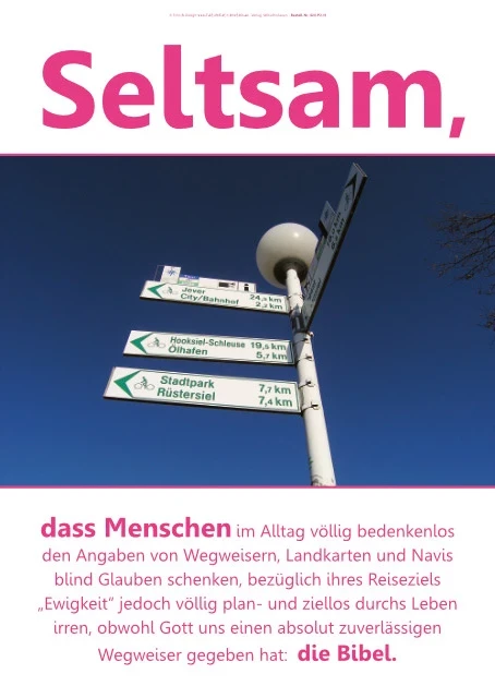 Alte Straßenlampe mit mehreren Wegweisern als Symbol für Orientierung im Leben auf christlichem Poster mit Zitat über die Bibel