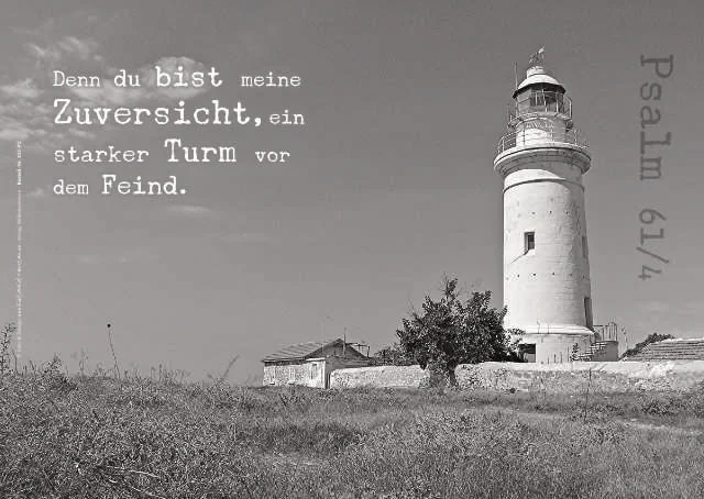 Poster mit dem britischen Leuchtturm von Paphos im Querformat, kombiniert mit dem Bibelvers aus Psalm 61,4.