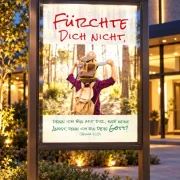 Beleuchteter Schaukasten vor einem Gemeindezentrum mit dem DIN-A1-Poster „Fürchte dich nicht“