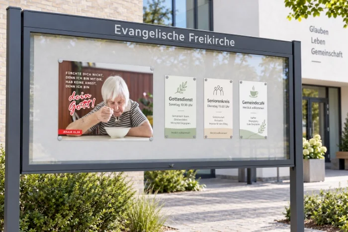 Das DIN-A1-Poster „Du bist nicht allein“ zur Jahreslosung 2027 in einem modernen Gemeindeschaukasten. Ideal zur Verbindung von biblischem Zuspruch und Einladungen zu Gottesdienst, Seniorenkreis und Gemeindecafé.