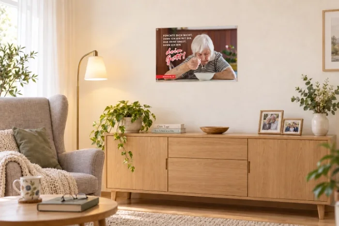 Das Poster zur Jahreslosung 2027 als tröstlicher Blickfang im Wohnzimmer einer älteren Person. Das Motiv erinnert im täglichen Leben an Gottes Gegenwart, Fürsorge und verlässlichen Beistand.Das Poster zur Jahreslosung 2027 als tröstlicher Blickfang im Wohnzimmer einer älteren Person. Das Motiv erinnert im täglichen Leben an Gottes Gegenwart, Fürsorge und verlässlichen Beistand.
