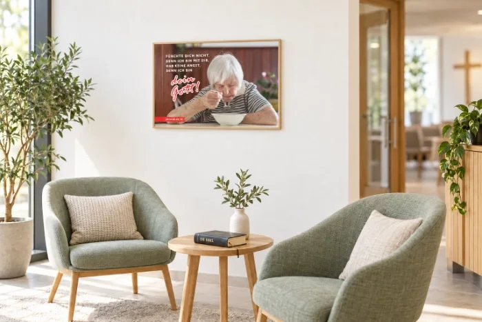 Das DIN-A1-Poster zur Jahreslosung 2027 in einer modernen Gesprächs- und Seelsorgeecke. Eine stilvolle Raumgestaltung für Gemeinden, Beratungsräume, Besuchsdienste und Seniorenarbeit.