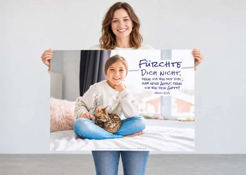 Frau hält das DIN-A1-Poster zur Jahreslosung 2027 quer vor sich und zeigt dessen Größenverhältnis