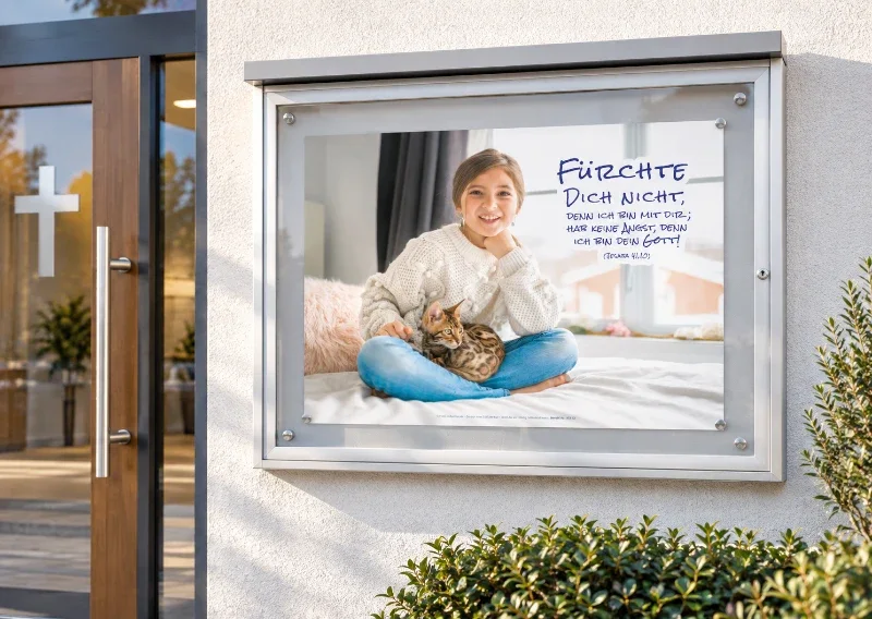 DIN-A1-Poster zur Jahreslosung 2027 mit Mädchen und Katze in einem Schaukasten am Gemeindehaus