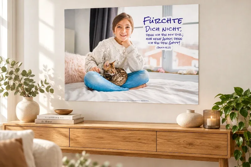 Poster zur Jahreslosung 2027 im DIN-A1-Querformat mit Mädchen und Katze über einer Holzkonsole